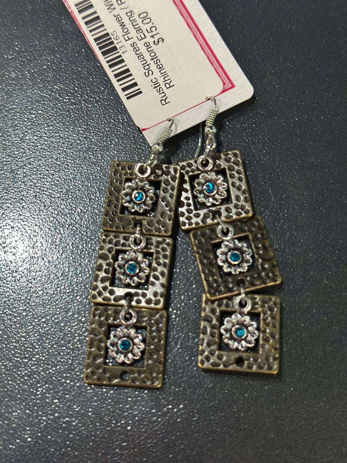 Blue Rhinestone  Flower in a Square Earring