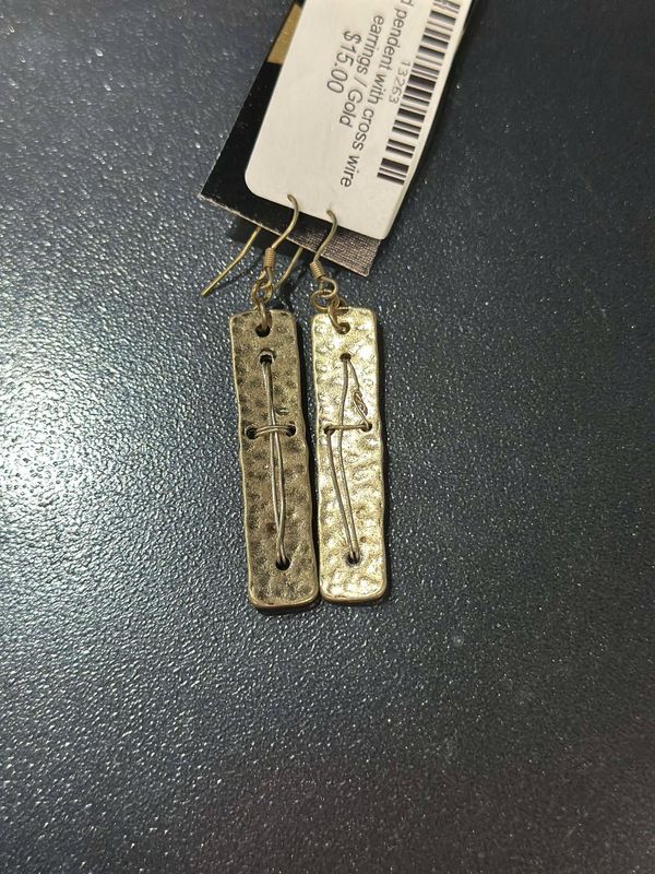 Gold Cross Wire Rectangle Earrings
