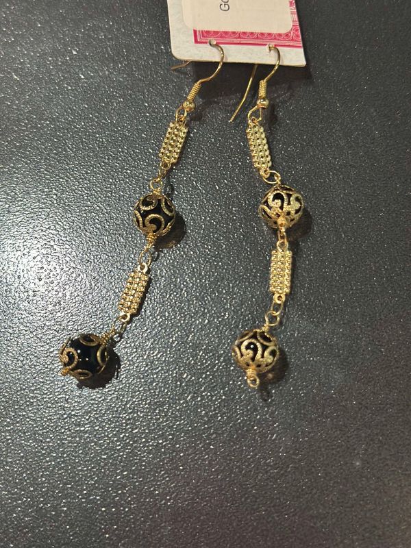 Long Gold and Black Dangle Earrings
