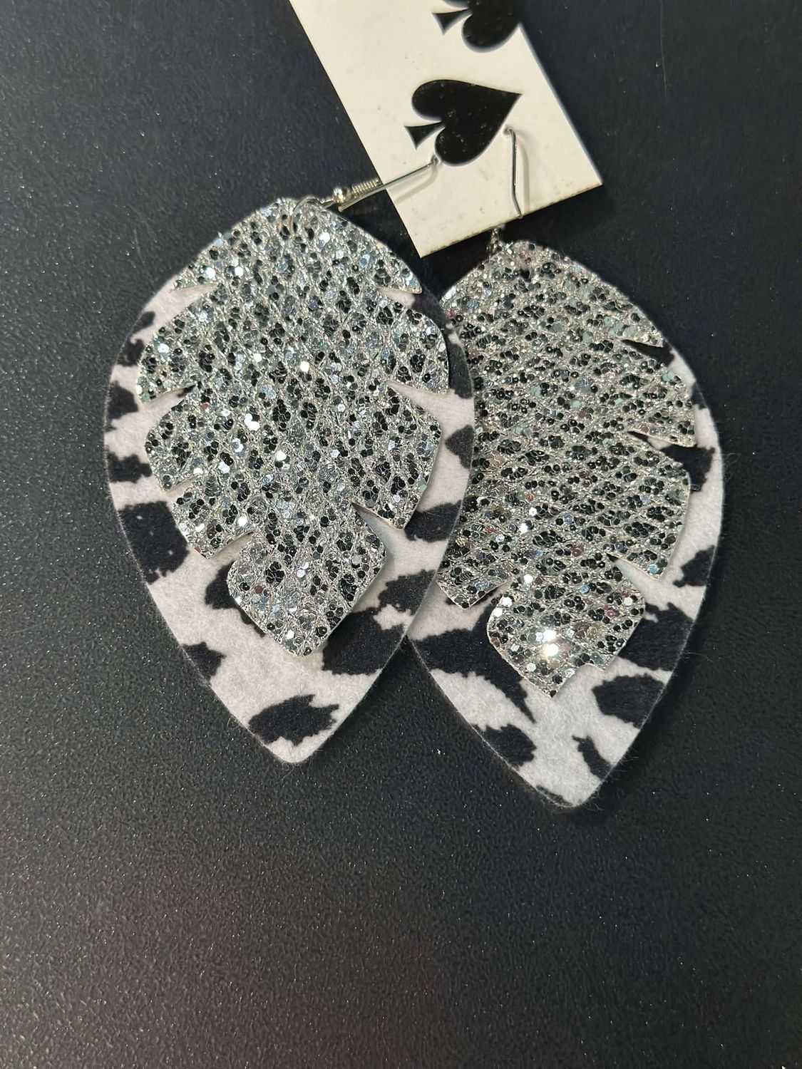 Cow Print and Silver Leaf Felt Earrings