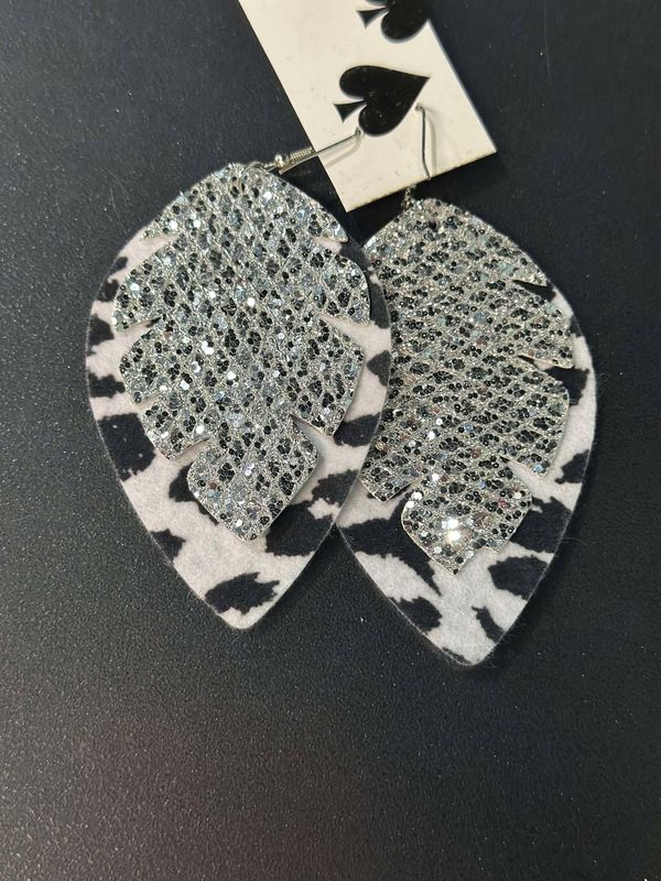 Cow Print and Silver Leaf Felt Earrings