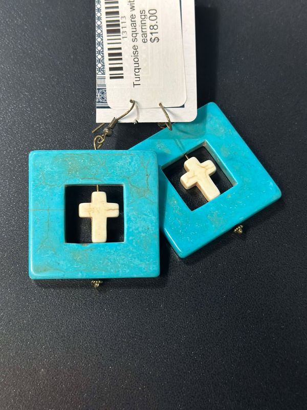 Turquoise Square with Cross Earrings