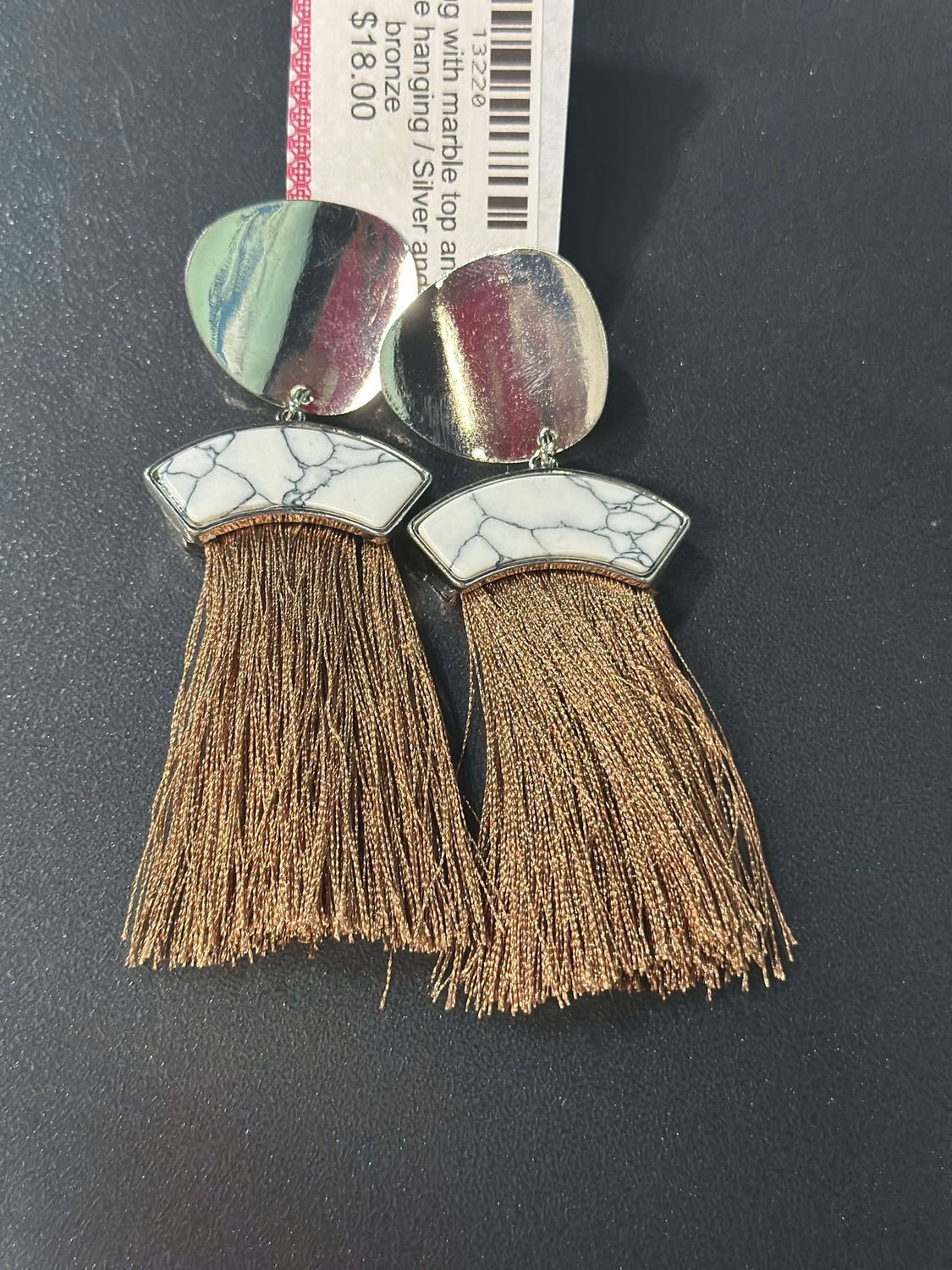 Silver Marble and Brown Fringe Earrings