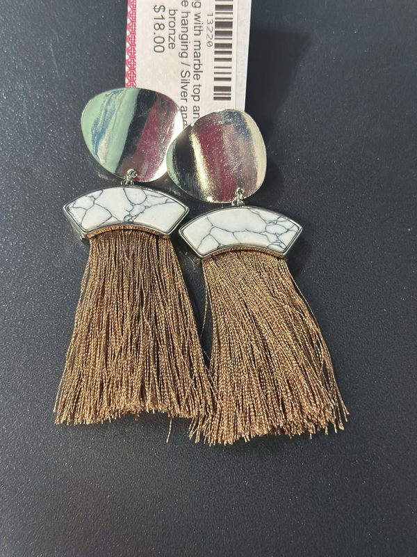 Silver Marble and Brown Fringe Earrings