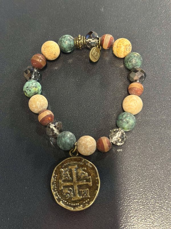 Earth Tone Multi Bead Bracelet with Bronze Medallion