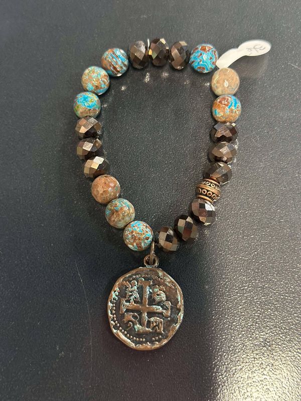 Blue Tone Multi Bead Bracelet with Bronze Medallion