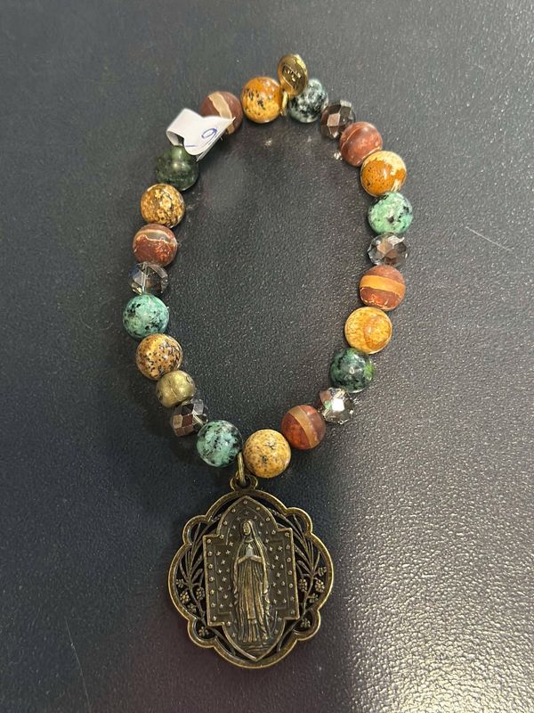 Neutral Tone Beads with Virgin Mary Medallion