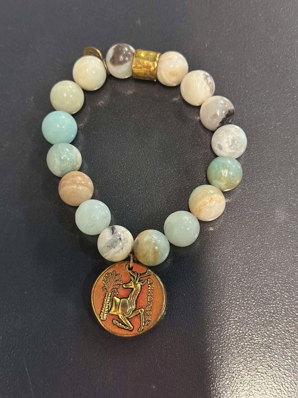 Light Blue Marble Multi Bead with Gold Bee/Dear Medallion