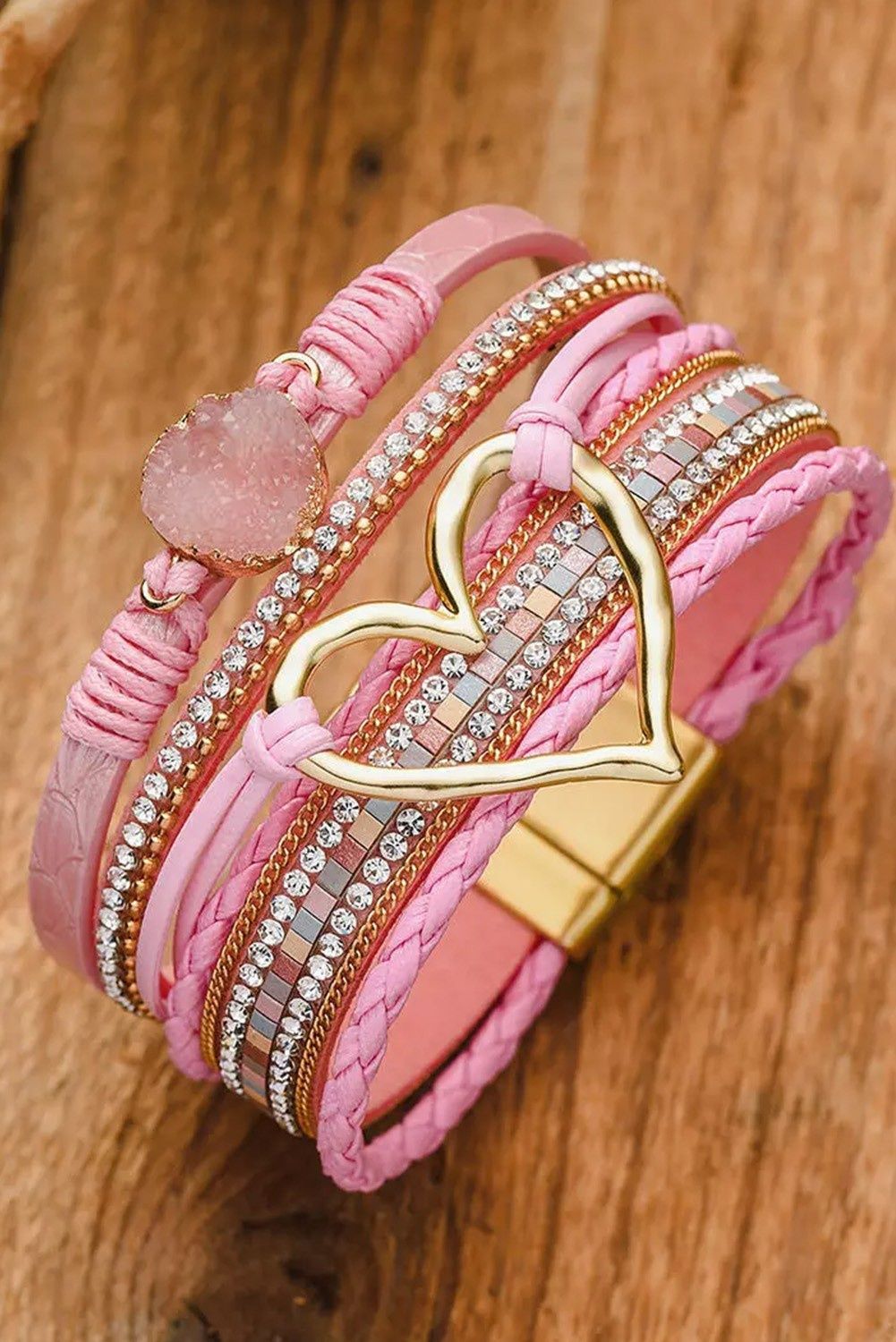 Bohemian Heart Rhinestone Magnet Buckle Bracelet, Color: Pink