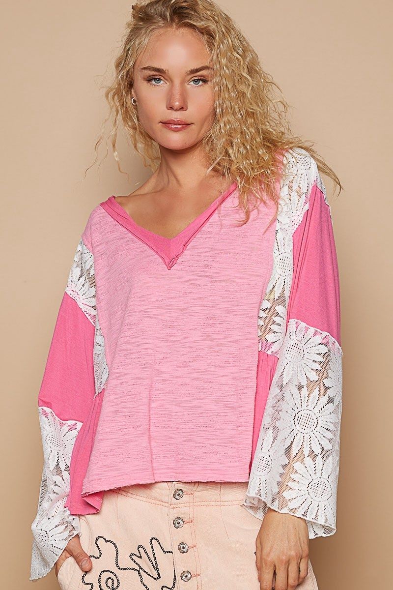 V-Neck Long Flare Sleeve Lace Detail Solid Top