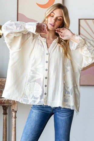 Embroiderd Lace Button Front Blouse