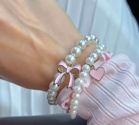 Imitation Pearl Pink Bow Bracelet 2 piece set