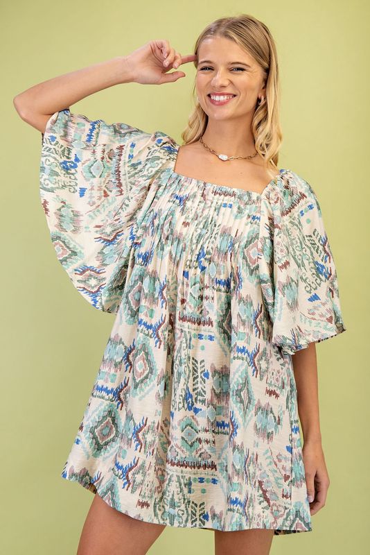 Printed Short Butterfly Sleeve Mini Dress