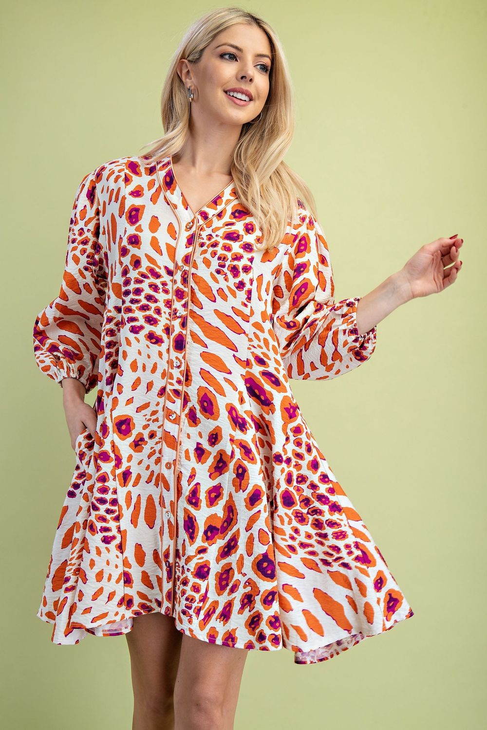 V-Neck Leopard Print 3/4 Sleeve Shirt Dress
