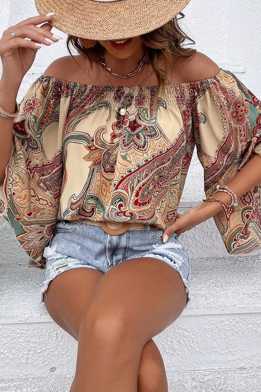 Paisley Shirred Ruffled Draped Sleeve Blouse