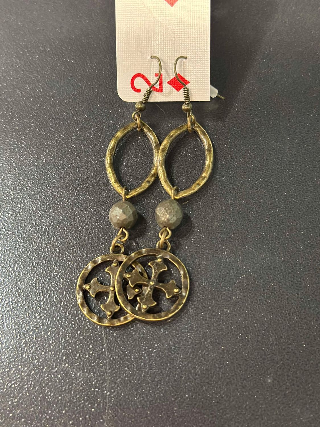 Double Drop Brass Circle Cross Earrings