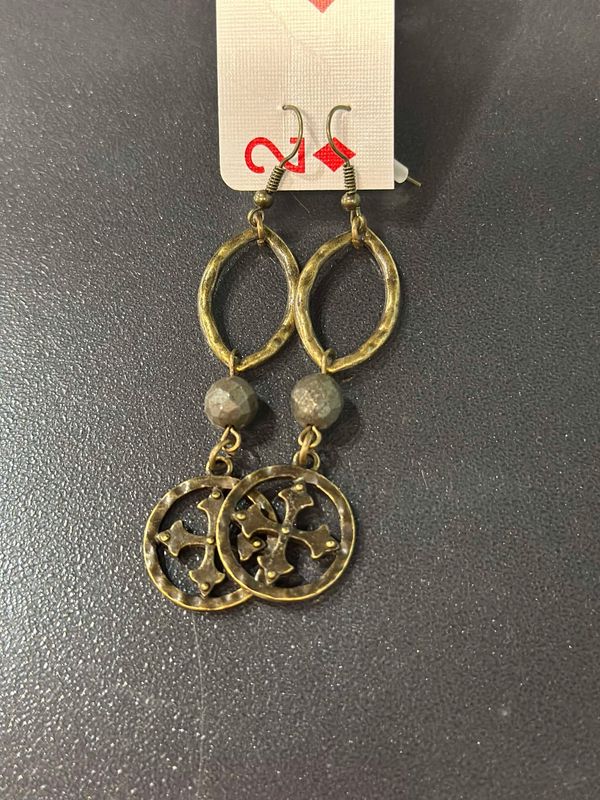 Double Drop Brass Circle Cross Earrings