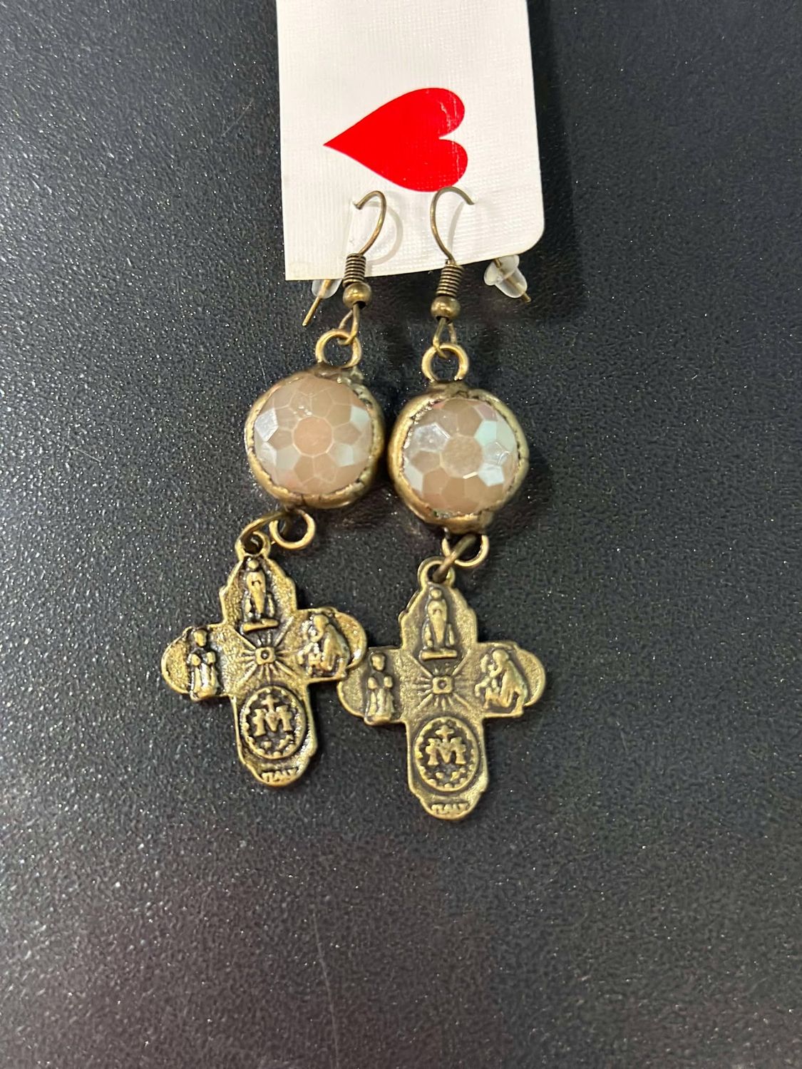Cross Brass Earrings With Crystal Drop