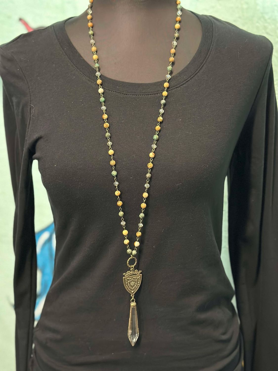 Natural Beaded Necklace with Large Crystal Pendant