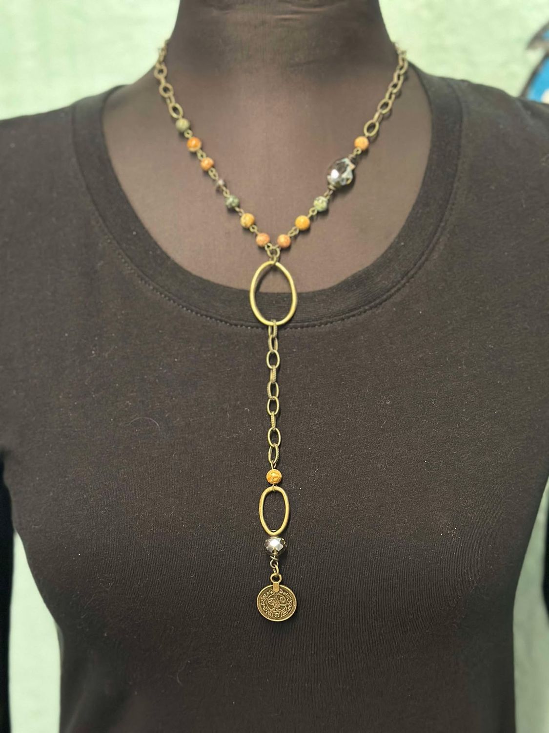 Natural Bead &quot;Y&quot; Necklace with Circle Pendant