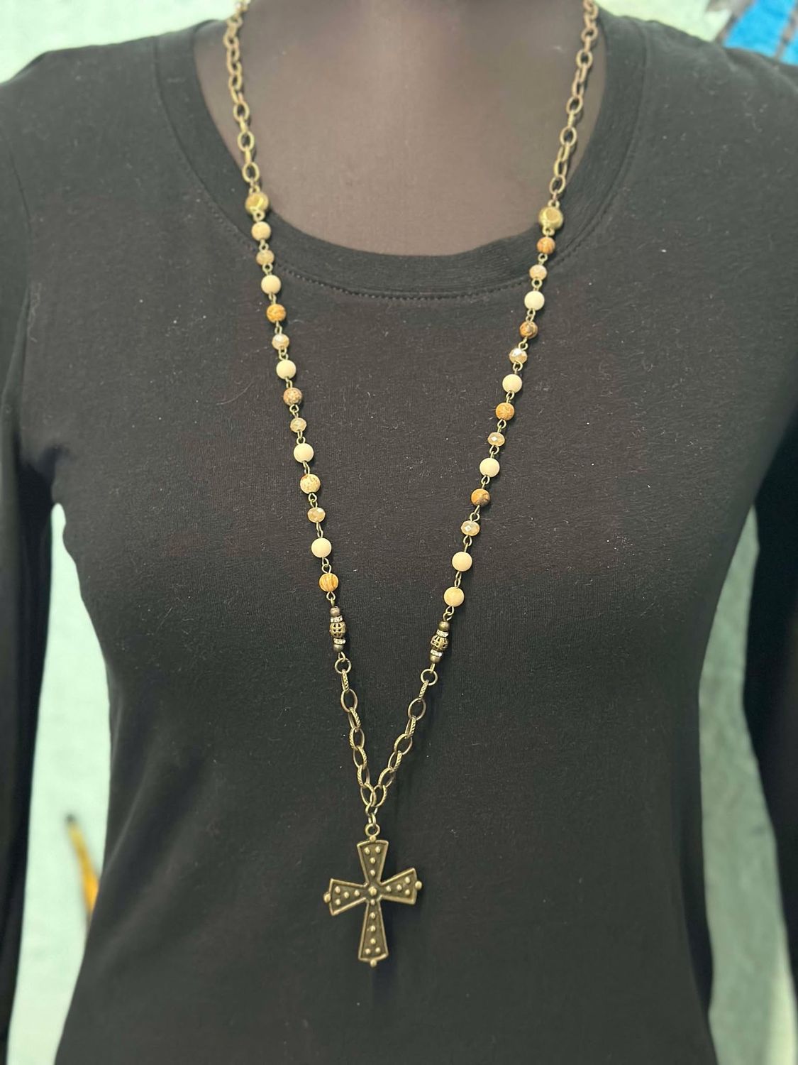 Brown shaded Beads with Bronze Cross