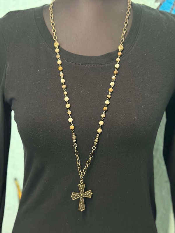 Brown shaded Beads with Bronze Cross