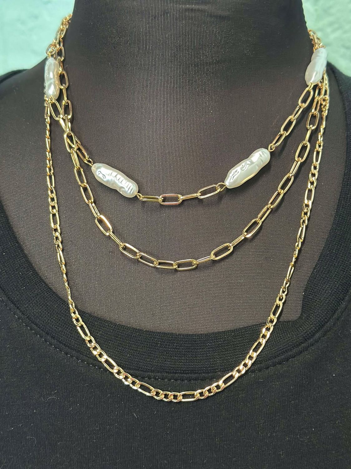 Triple Gold Necklace with White Beads