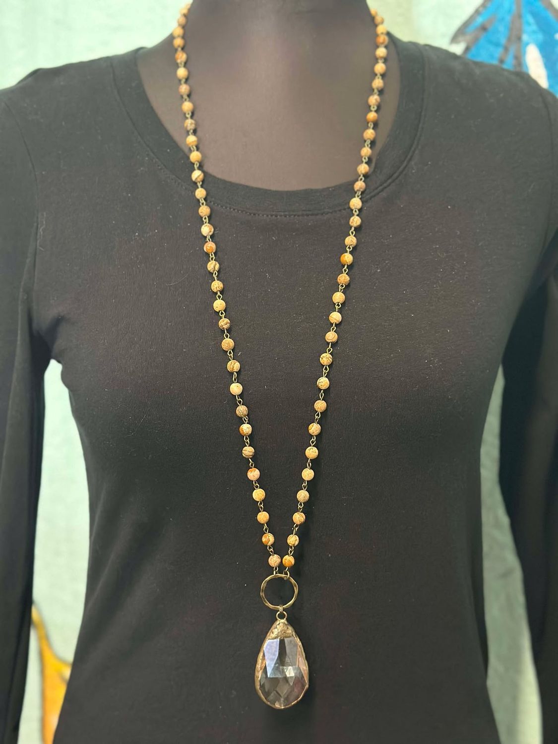 Bronze Beaded Necklace with Large Crystal