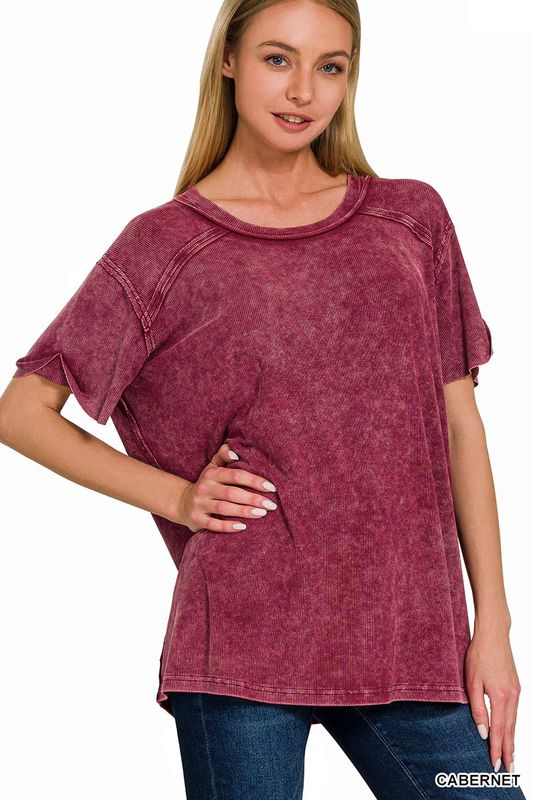 Washed Ribbed Short Sleeve Boat Neck Top