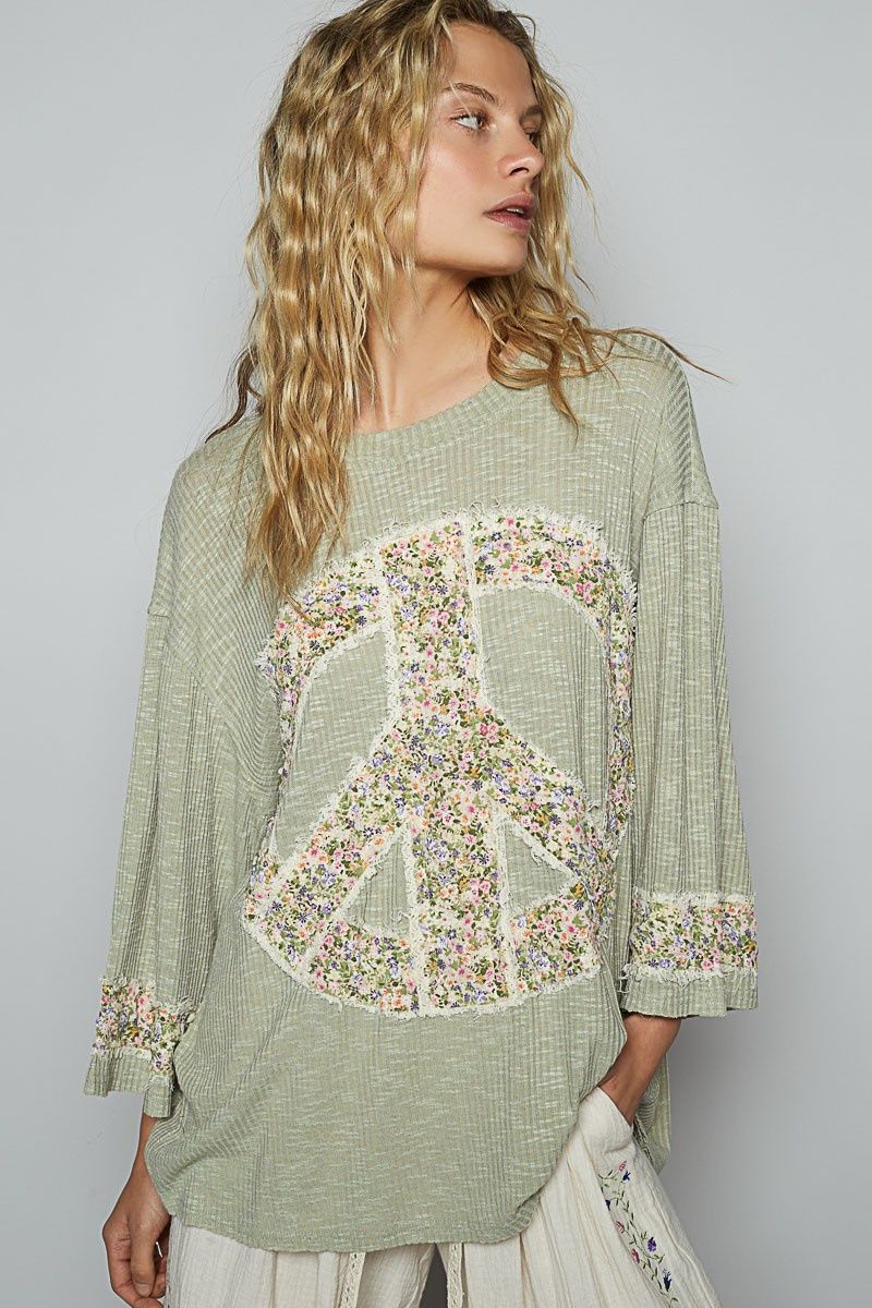 3/4 Sleeve Round Neck Floral Peace Patch Knit Top