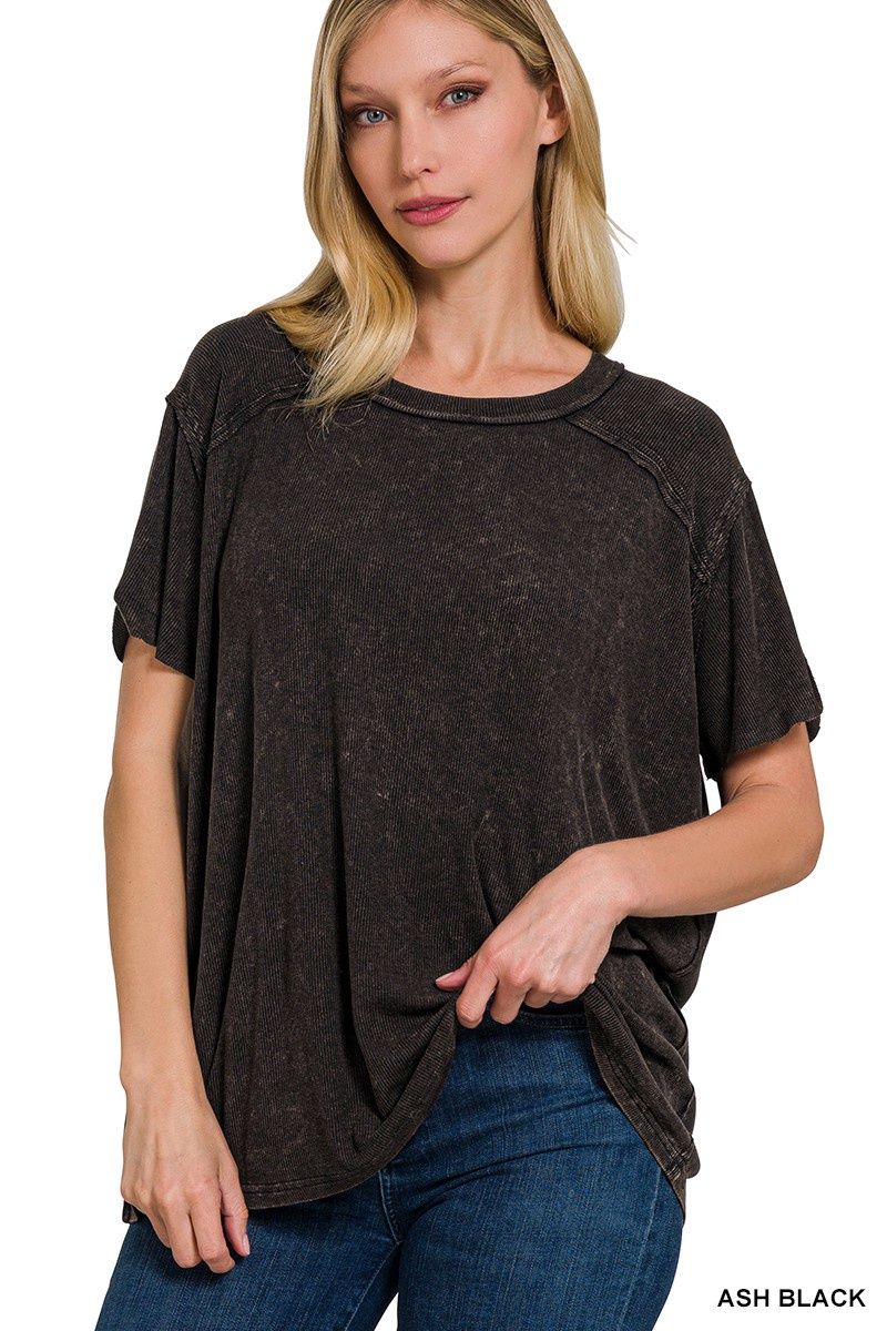 Washed Ribbed Short Sleeve Boat Neck Top, Size: S/M, Color: Ash Black