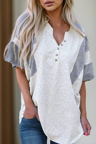 Two Tone Contrast Waffle Knit Buttoned V-Neck Top