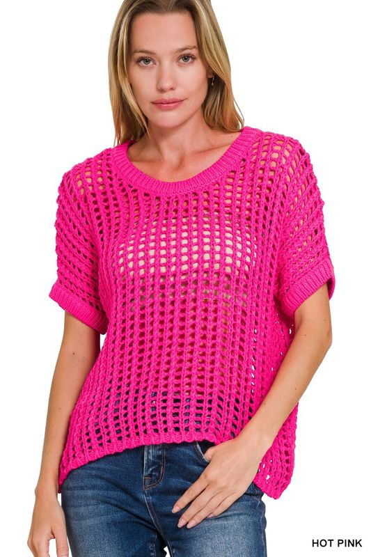 Fish Net Short Sleeve Crochet Sweater