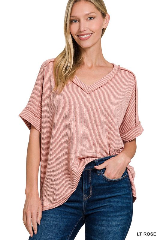 Corded Rib Short Sleeve Hi-LOw V Neck Top