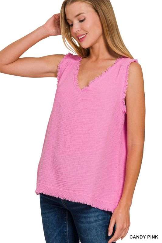 Double Gauze Raw Edge V--Neck Tank Top