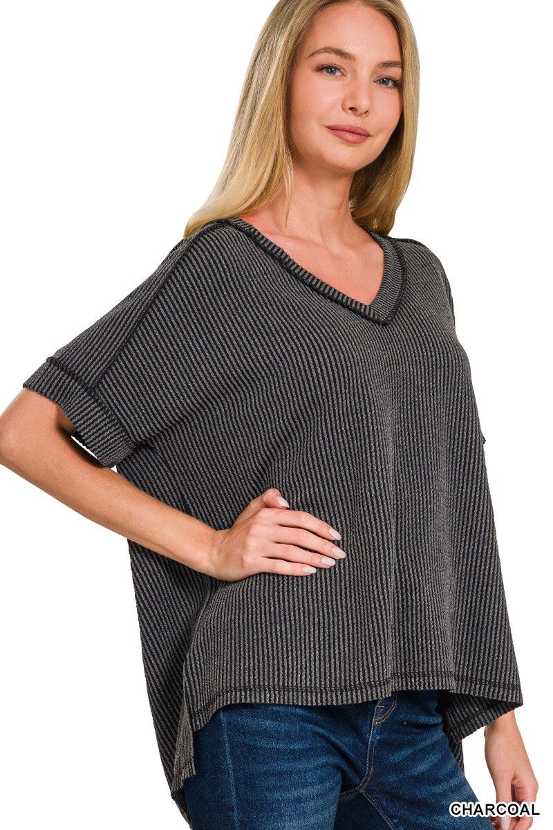 Corded Rib Short Sleeve Hi-LOw V Neck Top, Color: Charcoal, Size: S/M