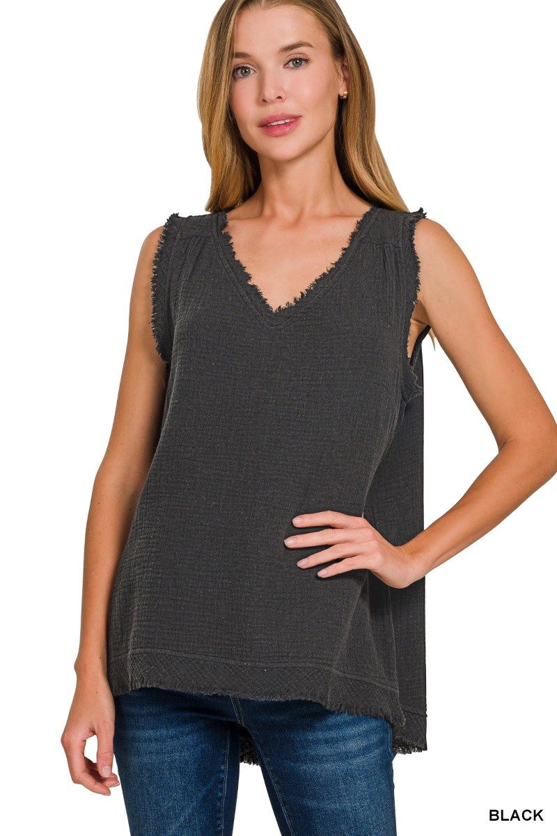 Double Gauze Raw Edge V--Neck Tank Top, Size: Small, Color: Black