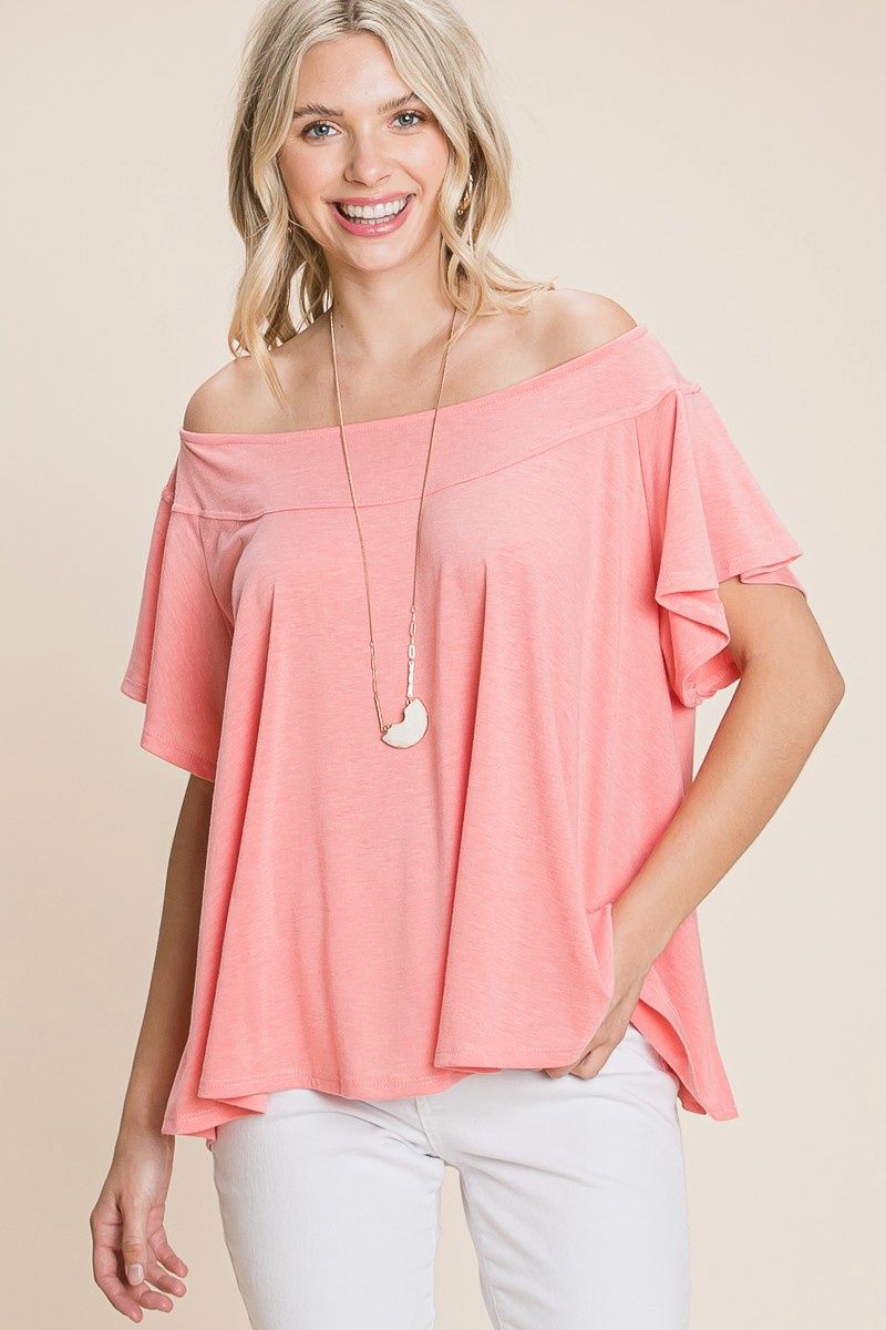 Solid Basic Boatneck Top, Color: Coral, Size: Small