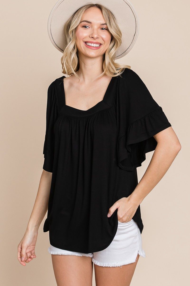 Plus Size Solid Bell Sleeve Jersey Top, Color: Black, Size: 1XL
