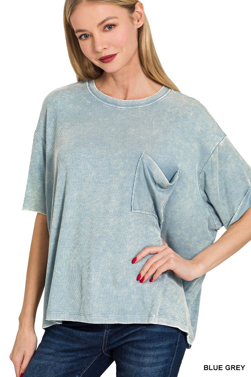 Washed Ribbed Cuff Sleeve, Color: Blue Grey, Size: S/M