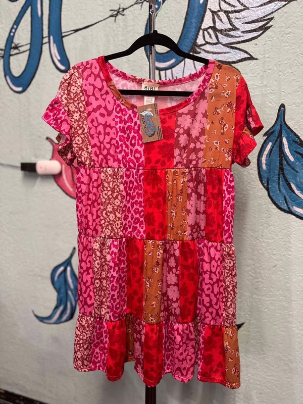 Floral Leopard Striped Ruffle Dress