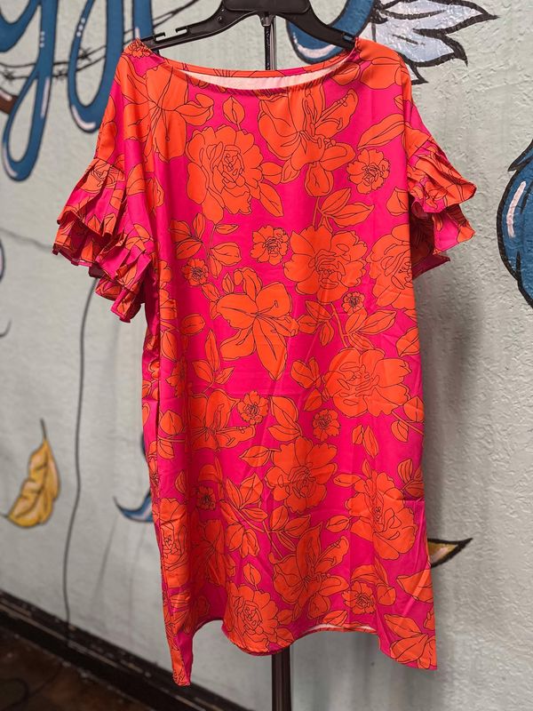 Pink Ruffle Sleeve Floral Dress