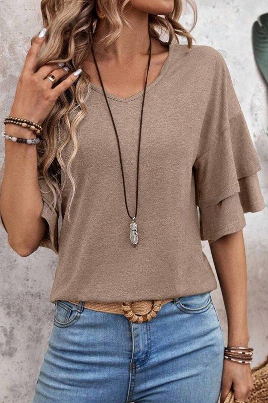 Solid Color V-Neck Layered Sleeve Loose T-shirt