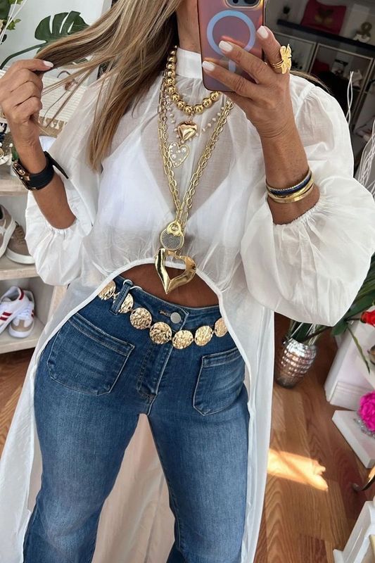 Sheer Puff Sleeve Long Kimono