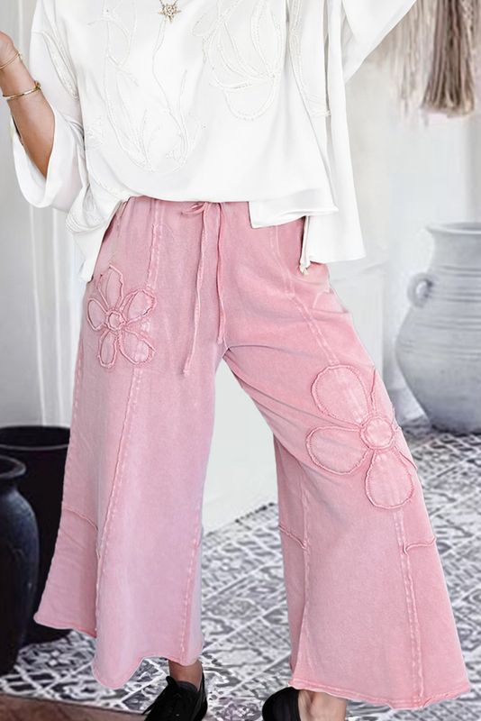 Floral Patch Mineral Knit Cropped Wide Leg Pants