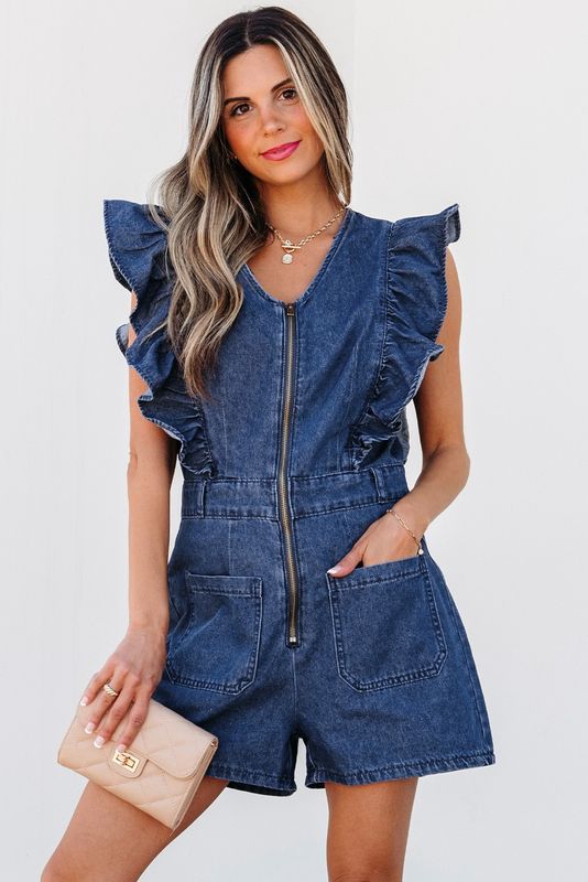 Blue Denim Ruffled Zipped Front Belted Romper