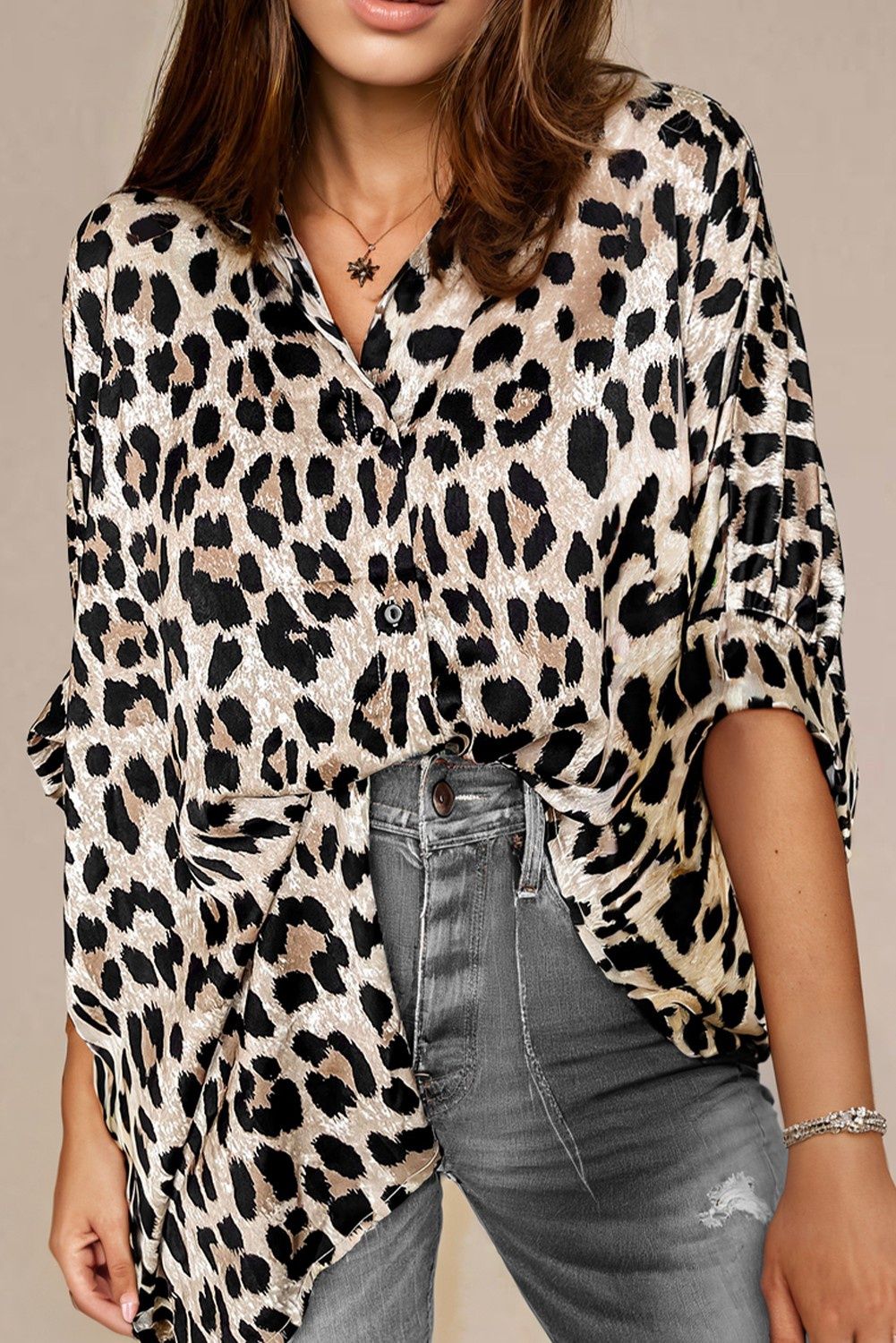 Leopard Print Buttoned 3/4 Sleeve Loose Fit Skirt