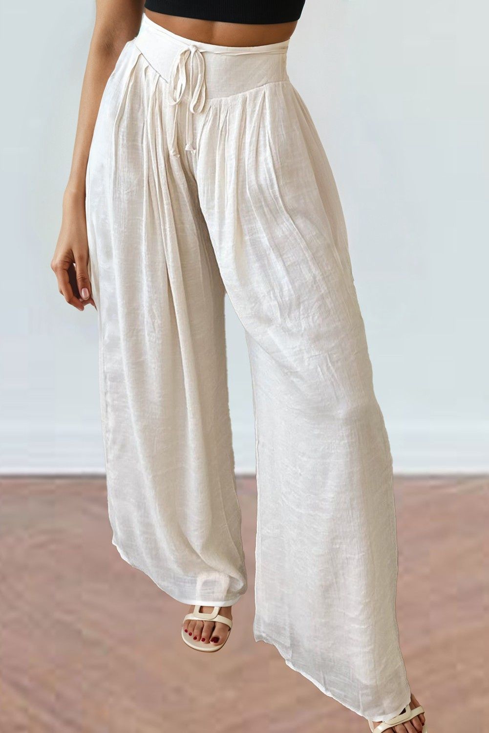 White Casual Tie Waist Pleated Wide Leg Pants