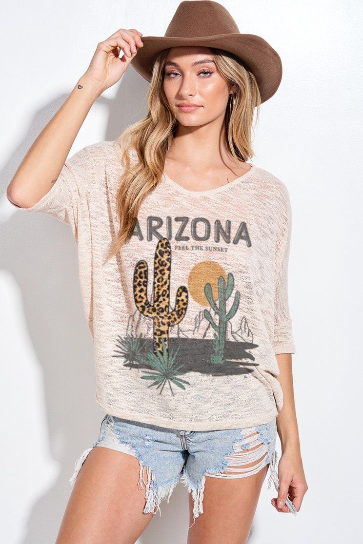 Arizona Cactus Knit V-Neck Top, Color: Khaki, Size: S