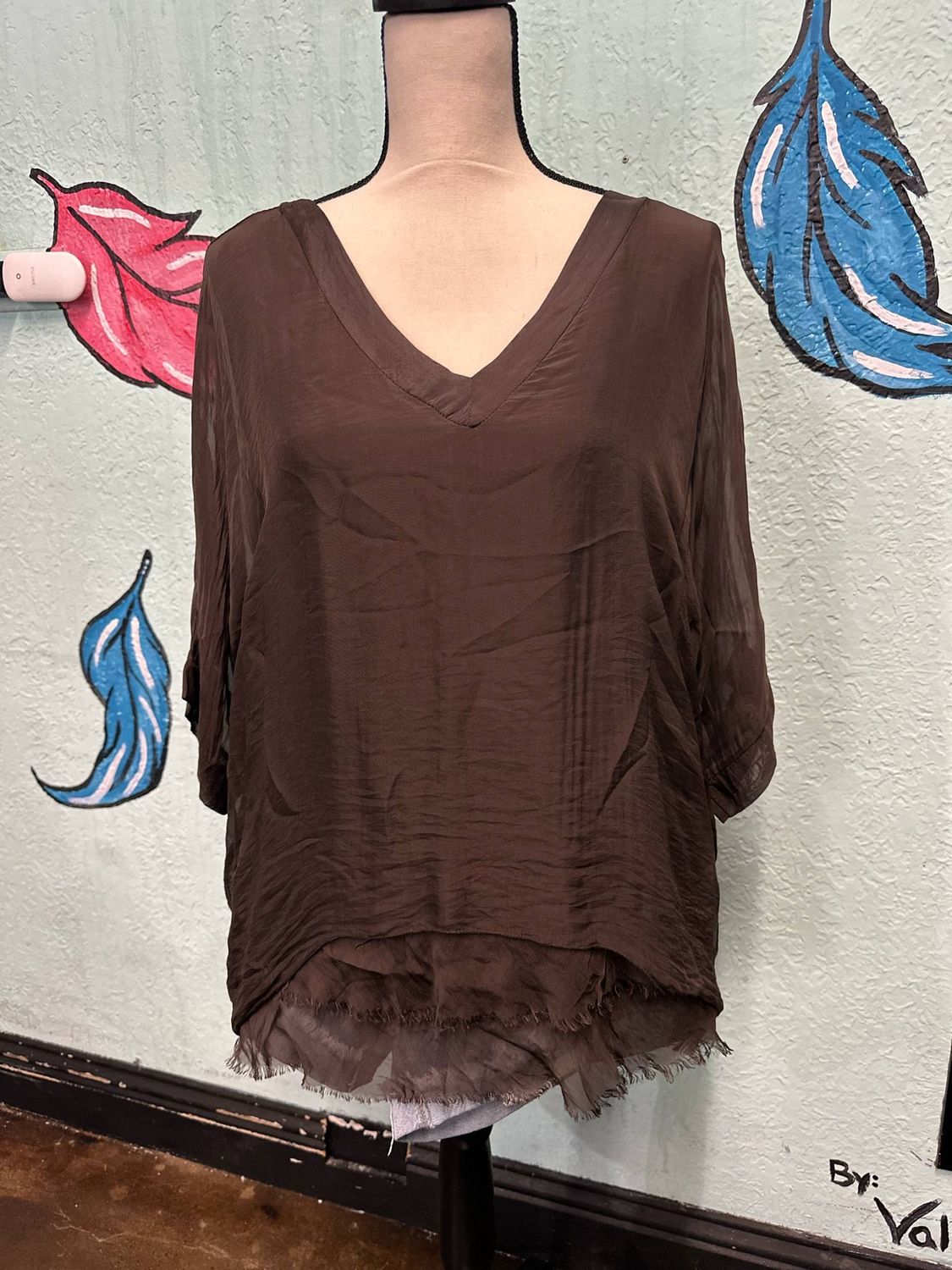 Silk V-Neck Top Layered, Color: Chocolate Brown, Size: O/S